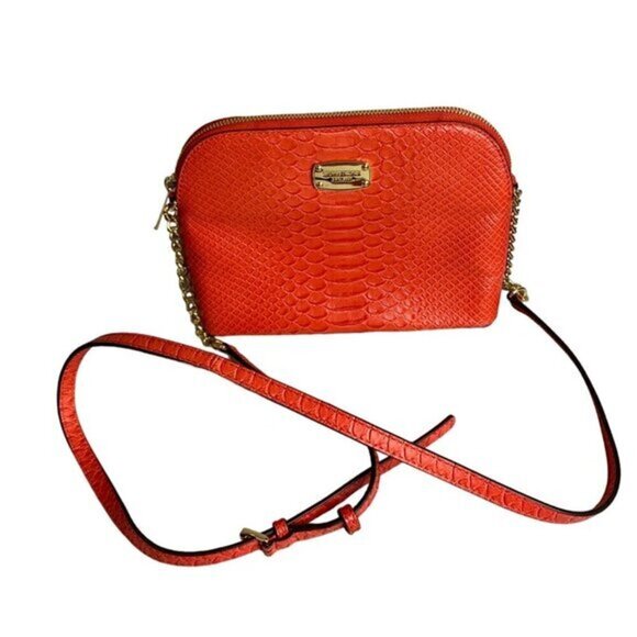 Michael Kors Red Orange Snake‎ Embossed Leather Dome Crossbody Bag With Wallet - Picture 3 of 6
